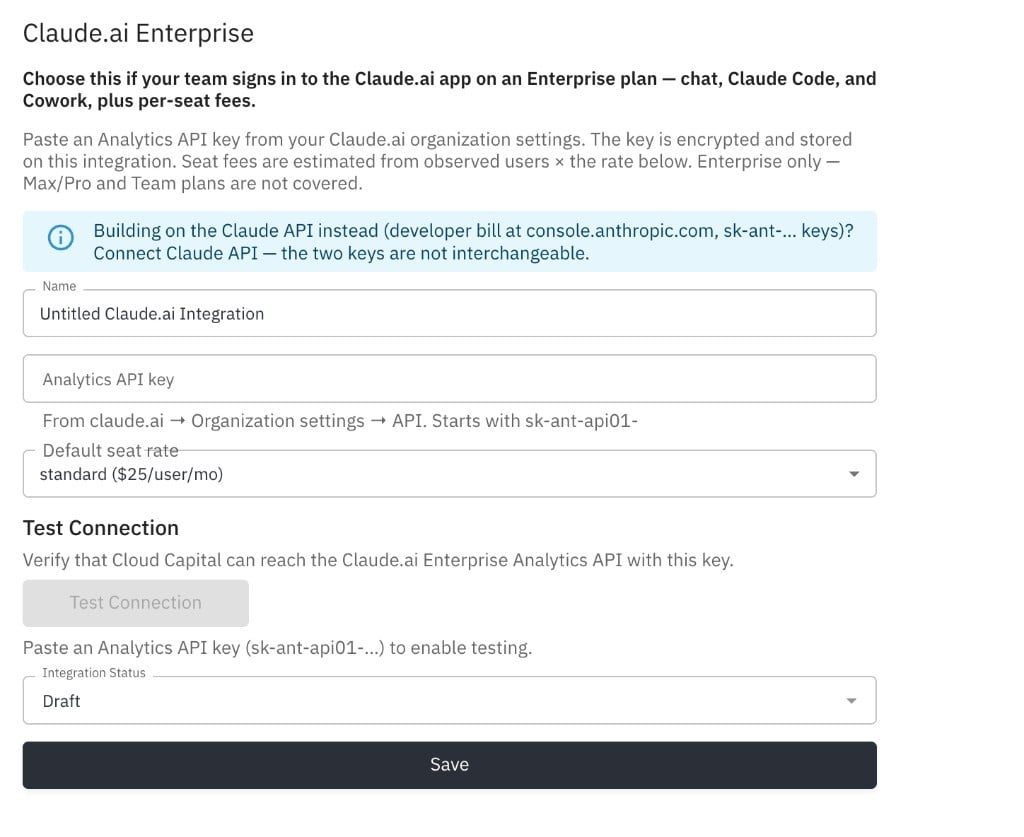 Claude.ai Enterprise Integration Settings with Analytics API key and default seat rate fields