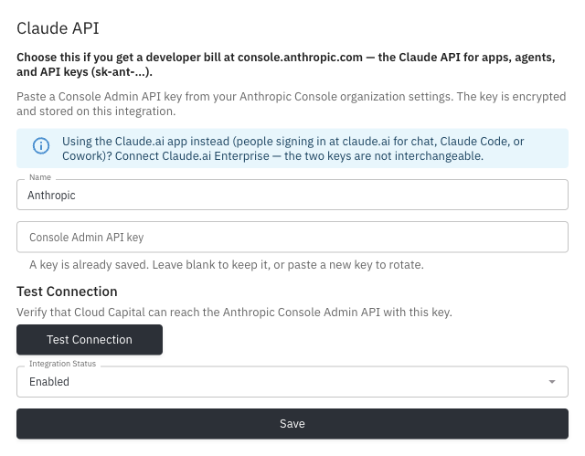 Claude API Integration Settings with name and Console Admin API key fields