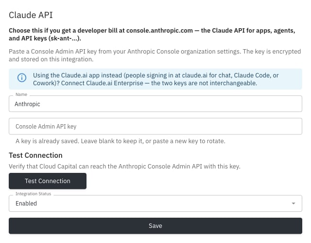 Claude API Integration Settings with name and Console Admin API key fields