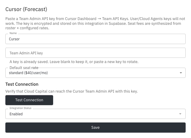 Cursor Integration Settings with Team Admin API key and default seat rate