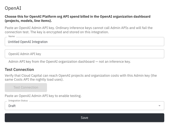 OpenAI Integration Settings with Admin API key field