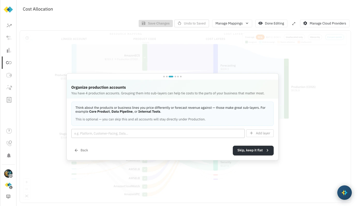 Step 2 — optional production sub-layer creation with a text input and Add layer button