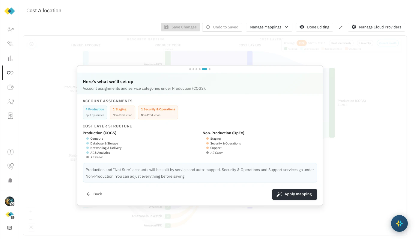 Step 4 — summary of account assignments and cost layer structure with Apply mapping button