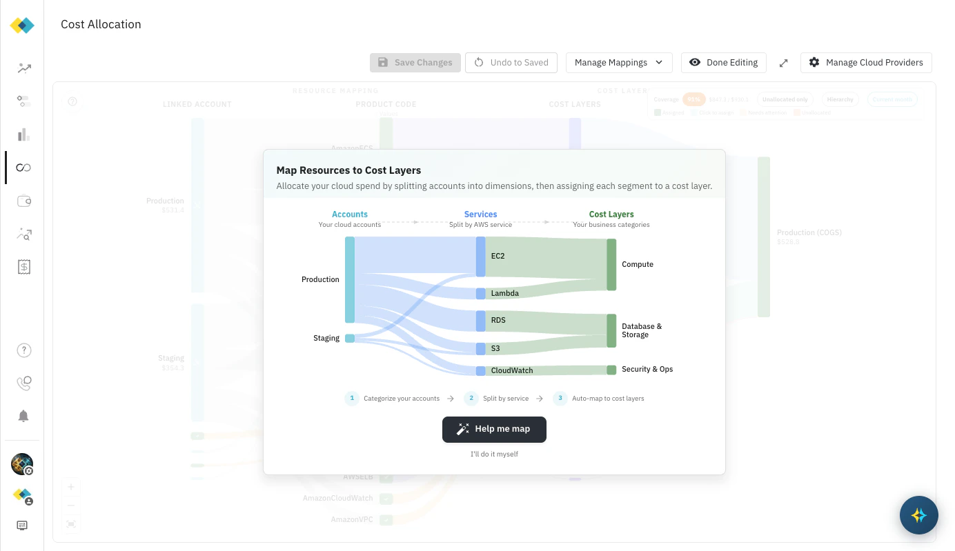Map Resources to Cost Layers guide showing the three-step flow from Accounts to Services to Cost Layers, with Help me map and I'll do it myself options