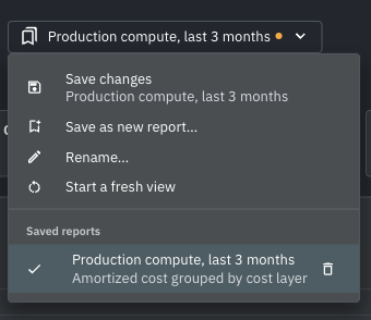 Open report with unsaved changes, Save changes, and the saved report checked in the list