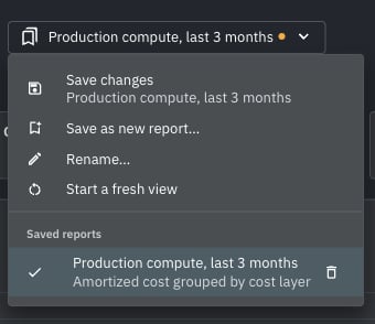Open report with unsaved changes, Save changes, and the saved report checked in the list