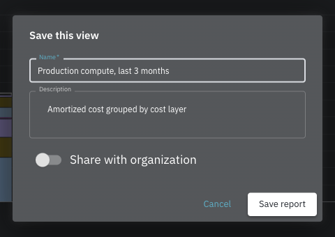 Save this view dialog with a name, description, and Share with organization off