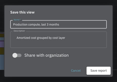 Save this view dialog with a name, description, and Share with organization off