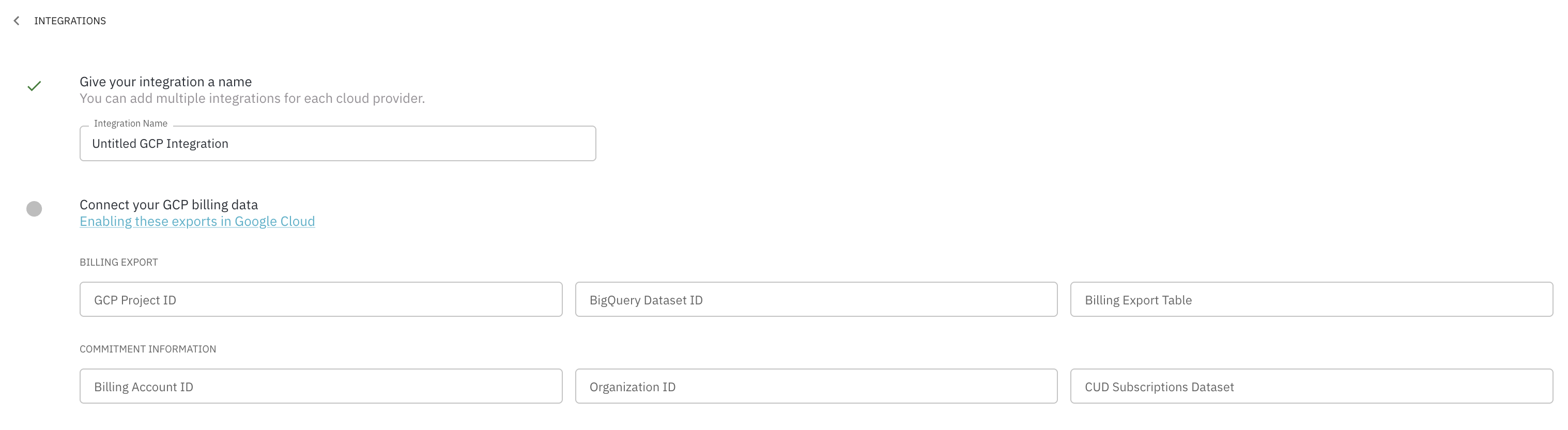 GCP Integration Settings showing the integration name field and the Billing Export and Commitment Information field groups