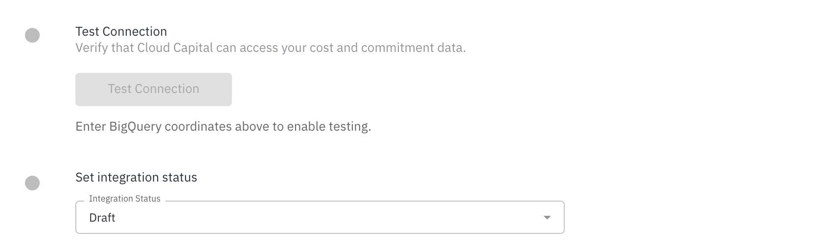 Test Connection step with the Test Connection button and the Set integration status dropdown showing Draft