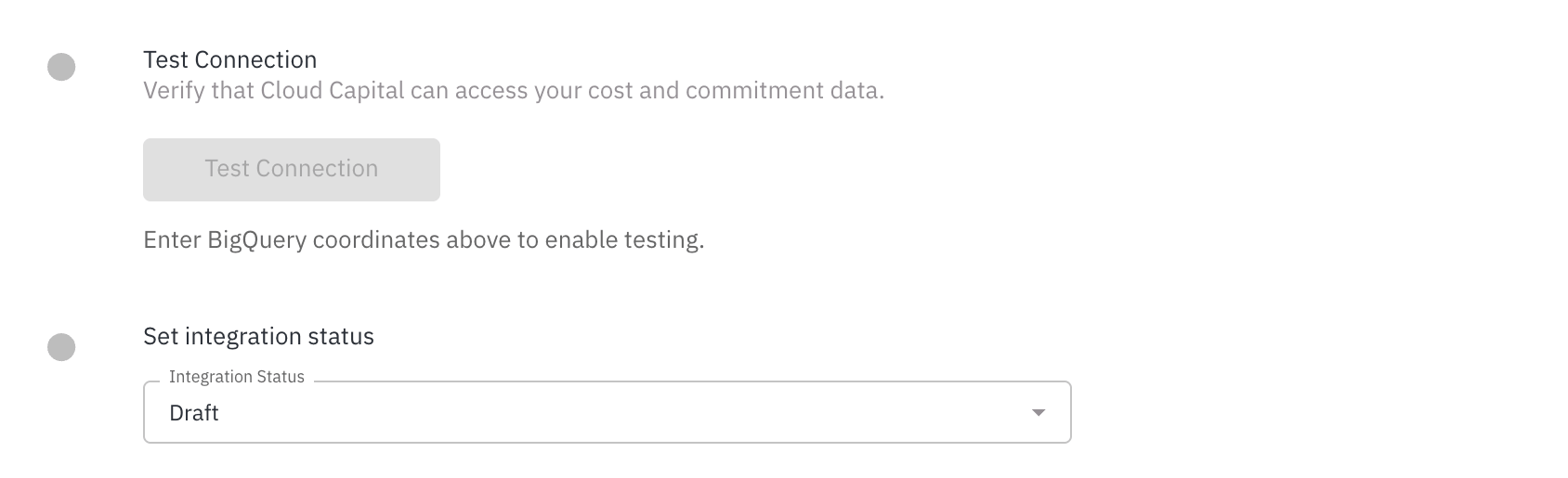 Test Connection step with the Test Connection button and the Set integration status dropdown showing Draft