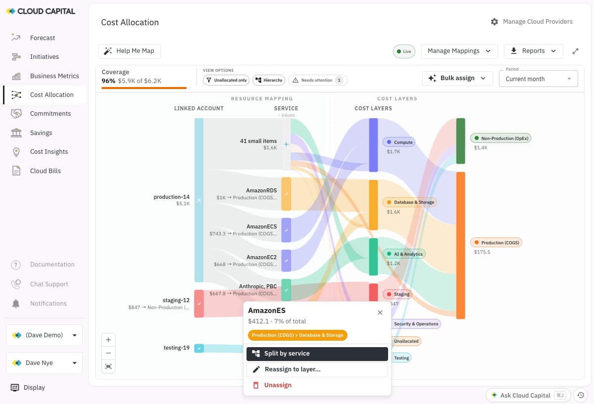 Node popup on an already-assigned service showing its current cost layer plus Split by service, Reassign to layer, and Unassign options