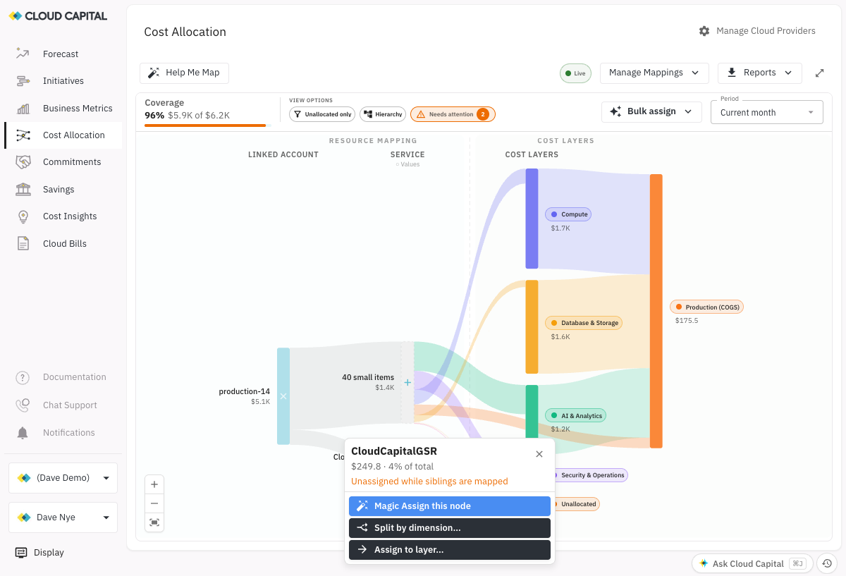 Node popup on an unassigned service showing the "Unassigned while siblings are mapped" warning with Magic Assign, Split by dimension, and Assign to layer options