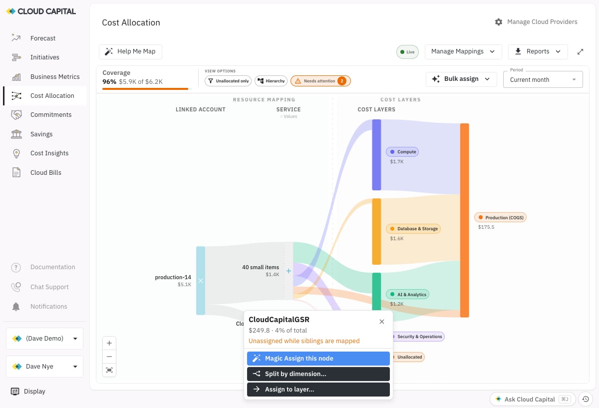 Node popup on an unassigned service showing the "Unassigned while siblings are mapped" warning with Magic Assign, Split by dimension, and Assign to layer options