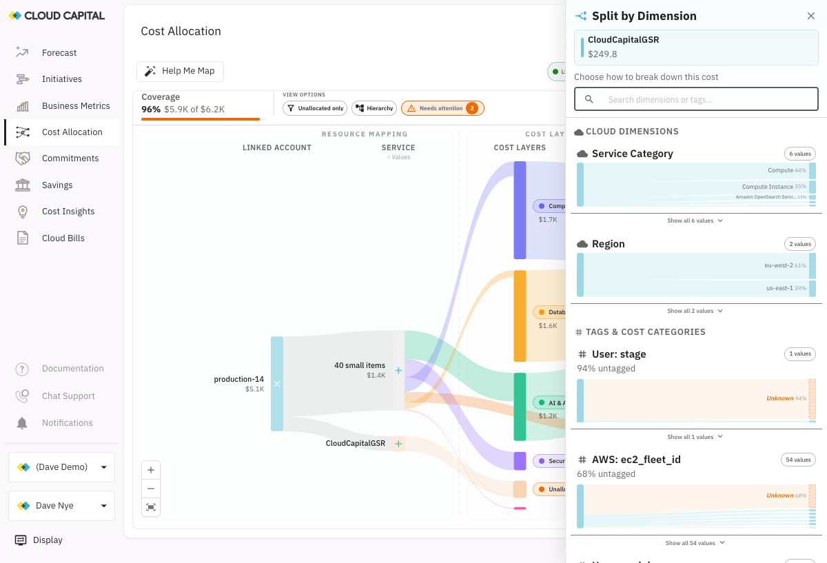 Split by Dimension panel showing Cloud Dimensions (Service Category, Region) and Tags & Cost Categories with breakdown previews