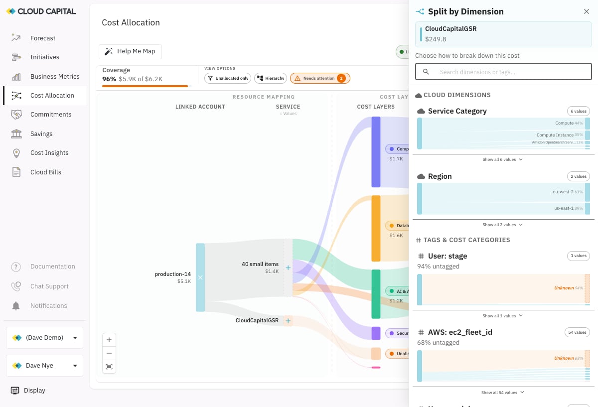 Split by Dimension panel showing Cloud Dimensions (Service Category, Region) and Tags & Cost Categories with breakdown previews