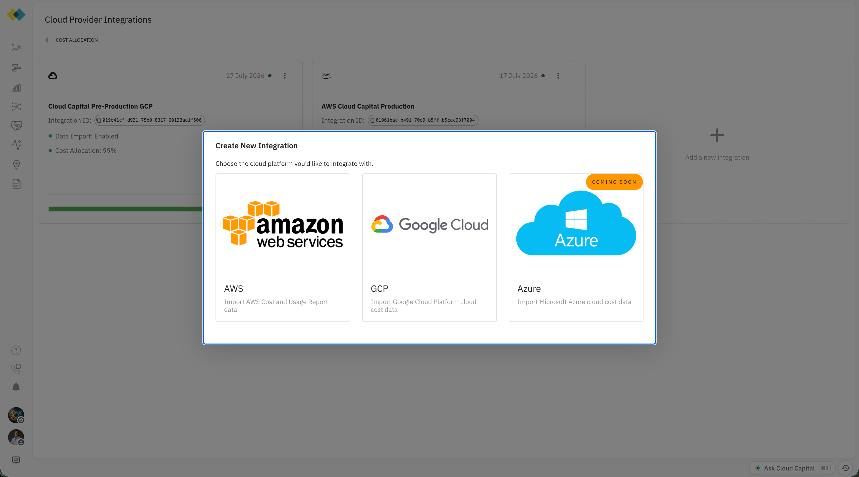Create New Integration dialog with AWS, GCP, and Azure options