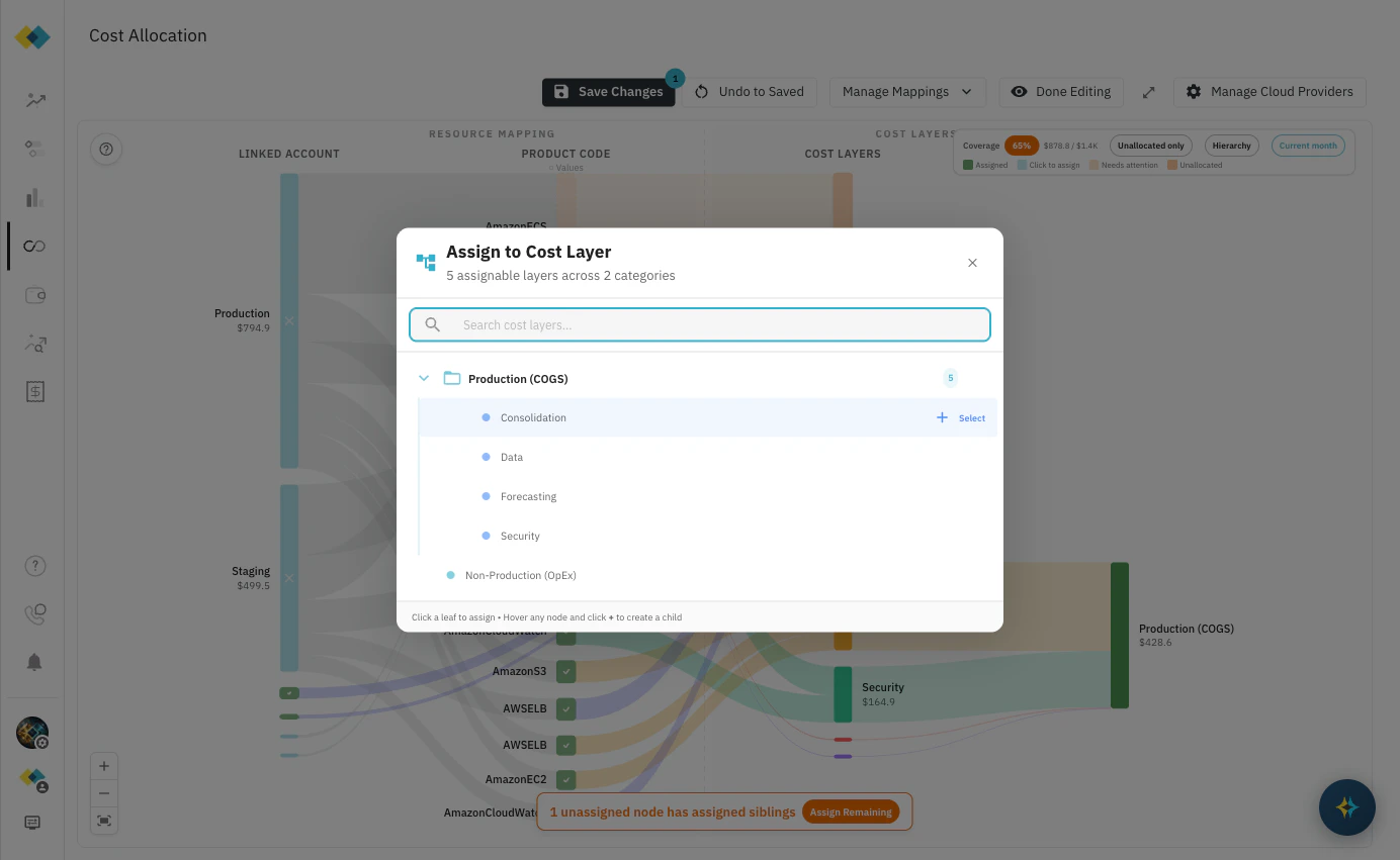 Hovering over a cost layer row in the picker shows the + button and Select option