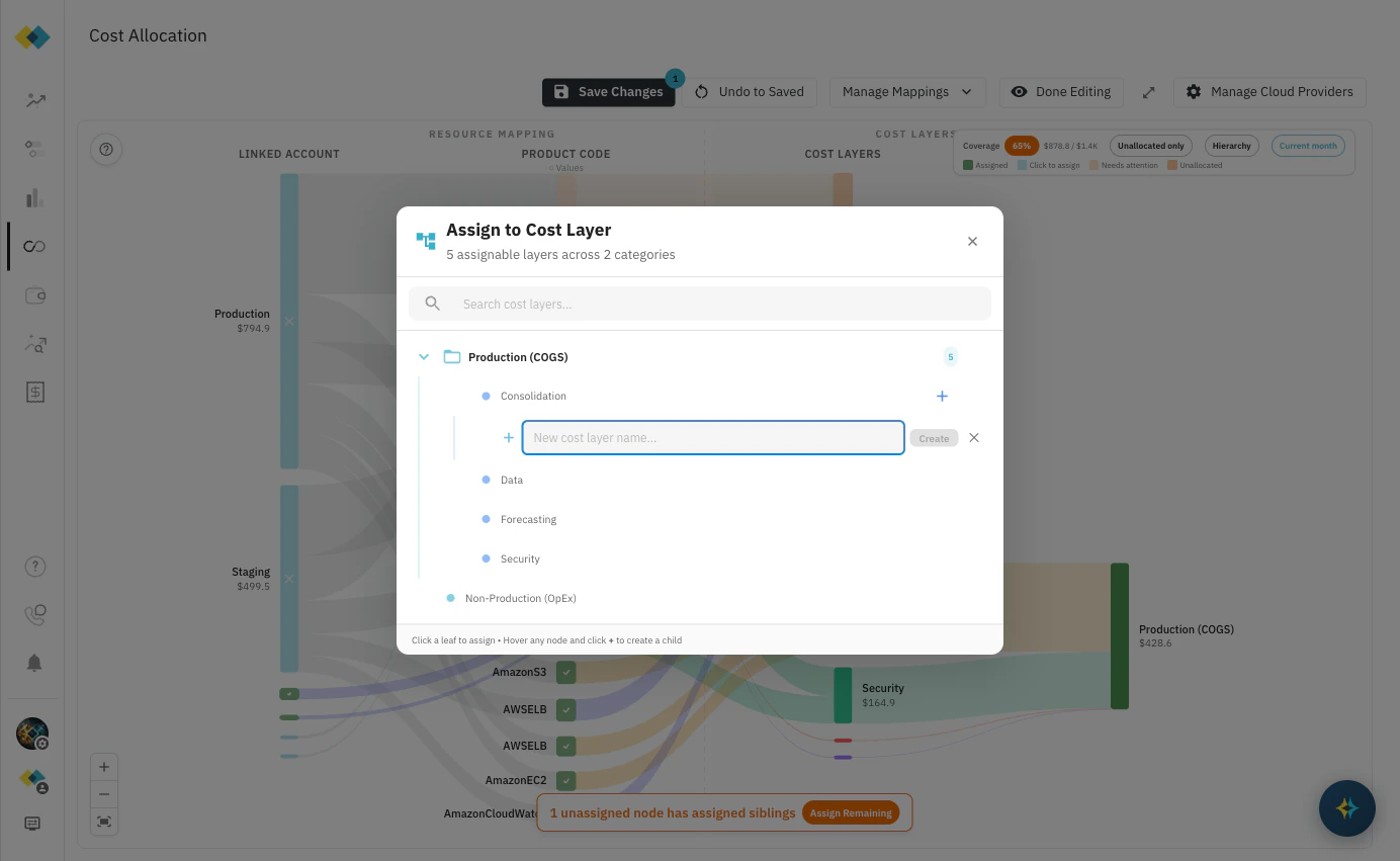 Clicking + opens an inline New cost layer name input with a Create button