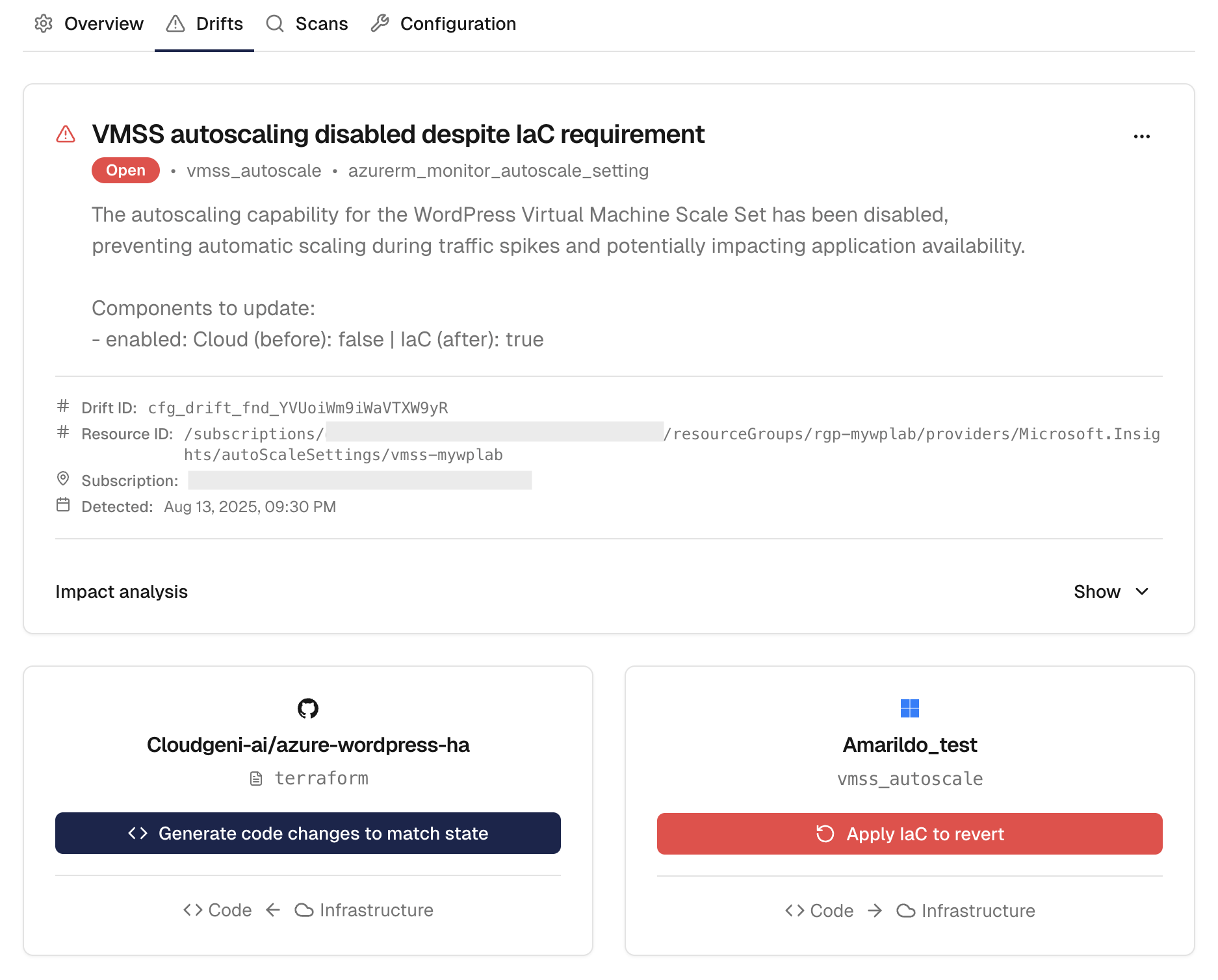 Detailed view of configuration drift