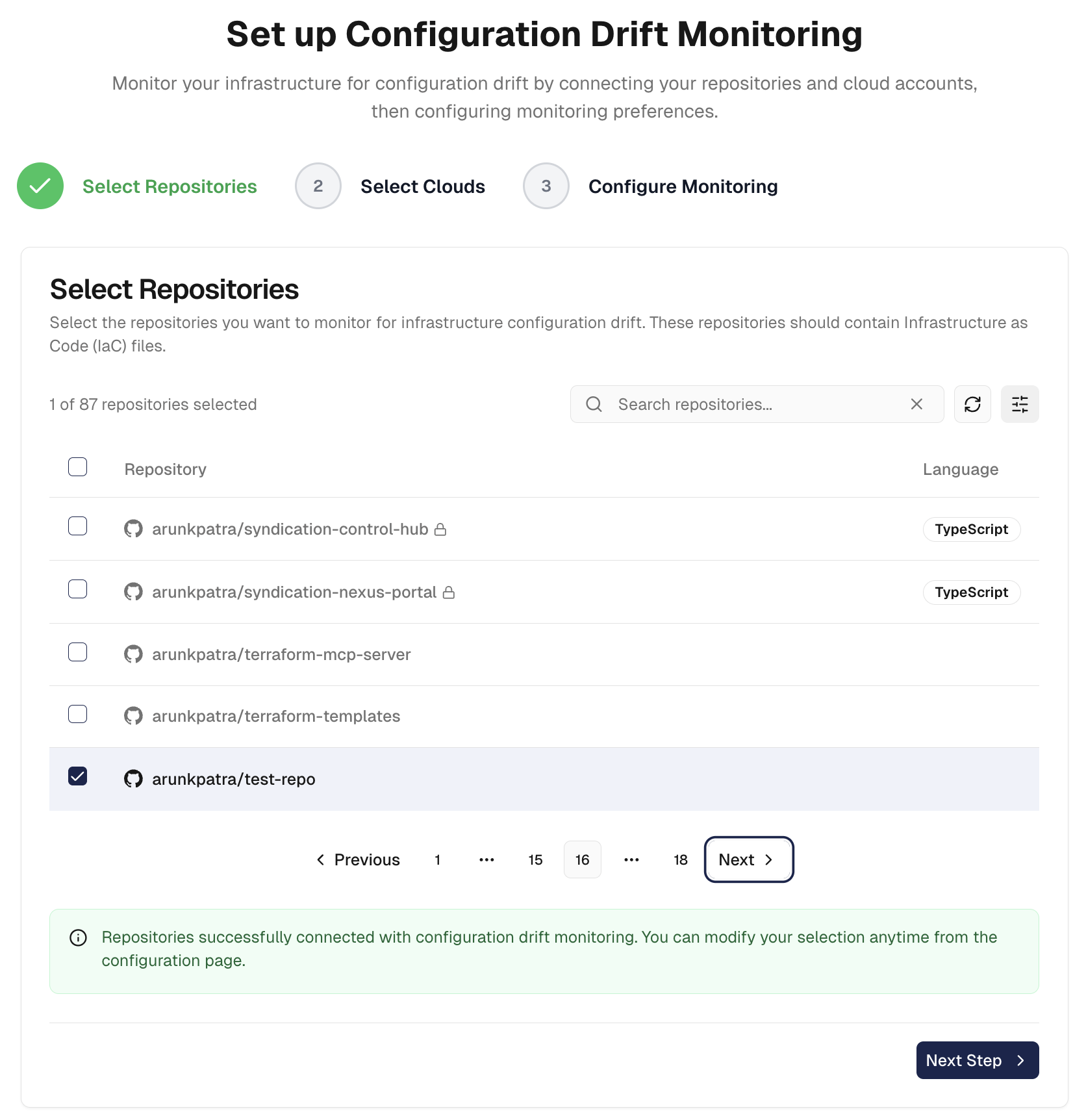 Select IaC repositories for drift monitoring