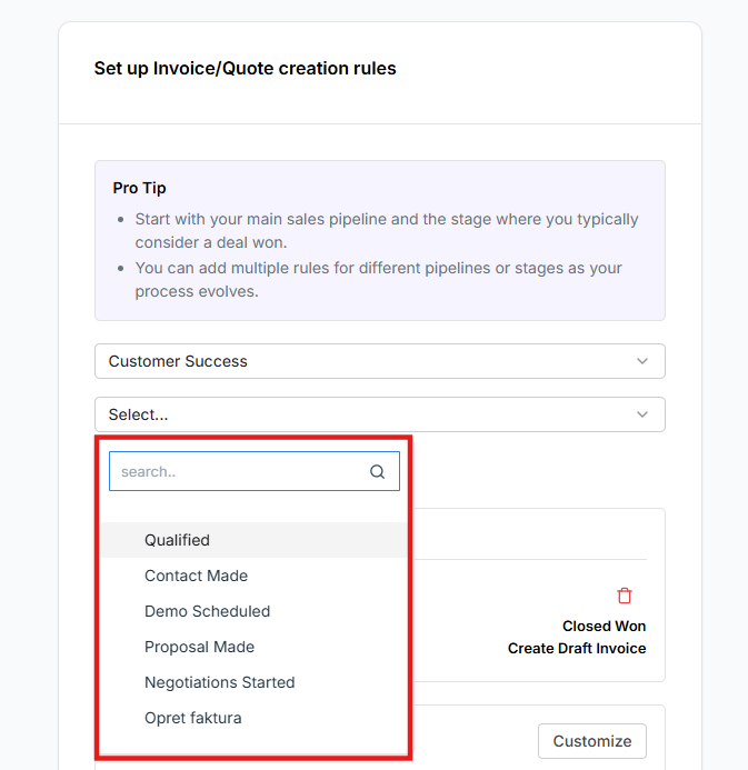 Select the Deal Stage that will trigger invoice or quote creation in Xero