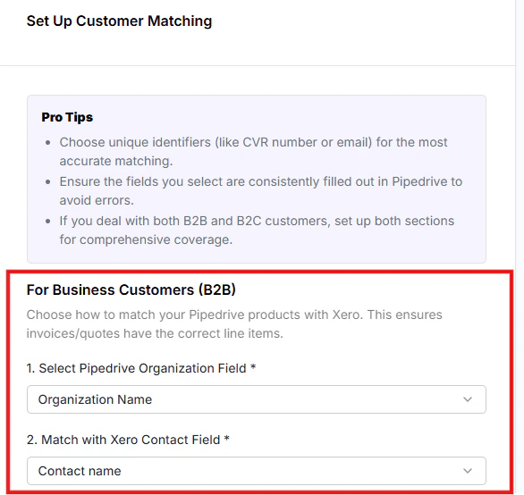 Configure Organization Matching Criteria between Pipedrive and Xero fields