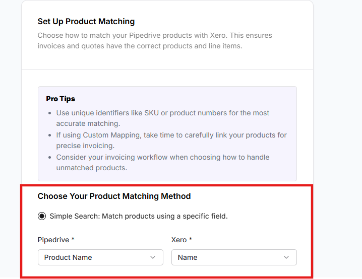 Simple Search — match products between Pipedrive and Xero using a specific field