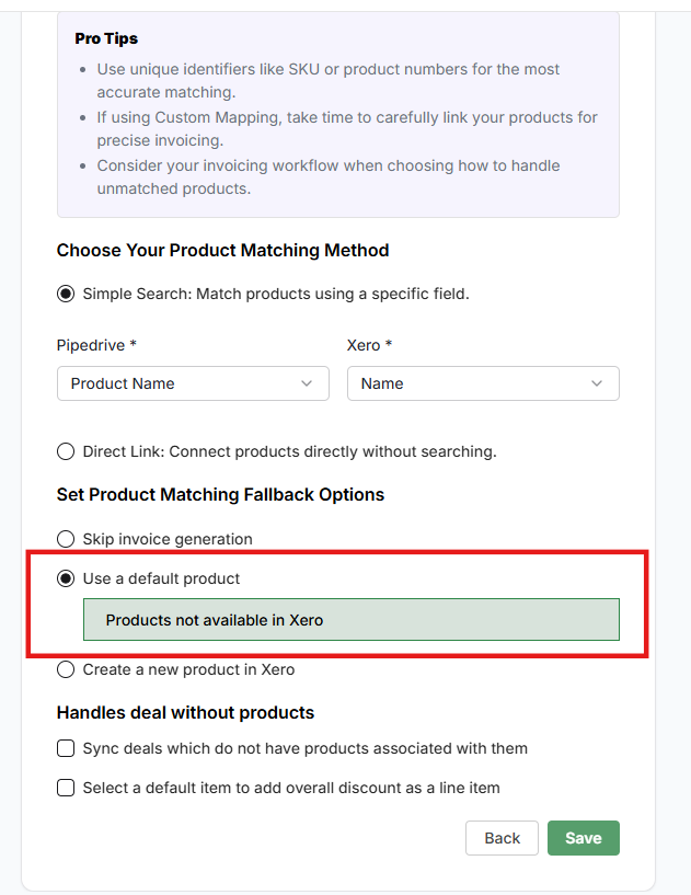 Use a Default Item from Xero when no matching product is found