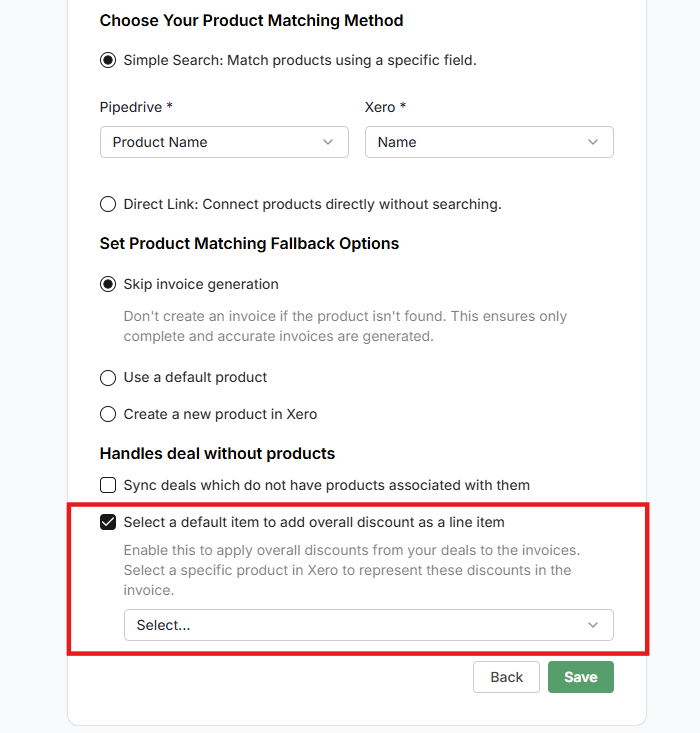 Select a Xero item for deal discounts and click Finish to complete installation