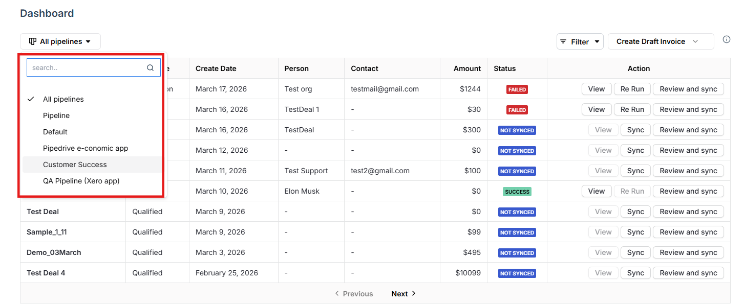 Filter deals by Pipeline, Deal Owner, Contact, or Company
