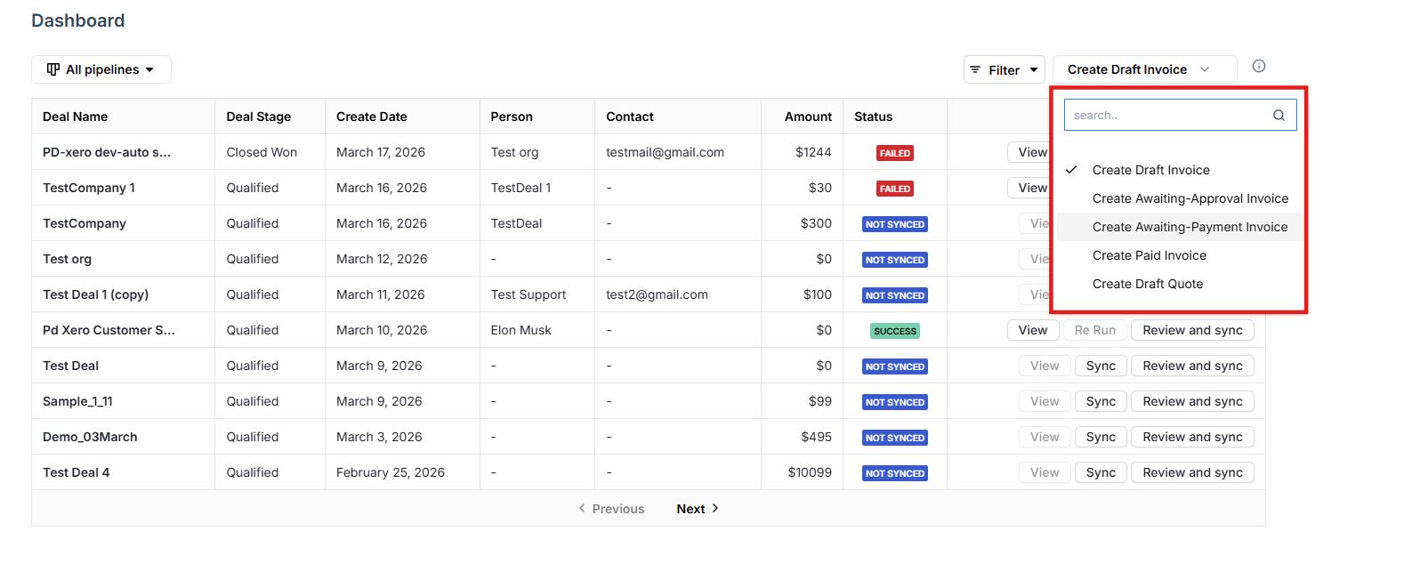 Choose the invoice or quote type to create in Xero