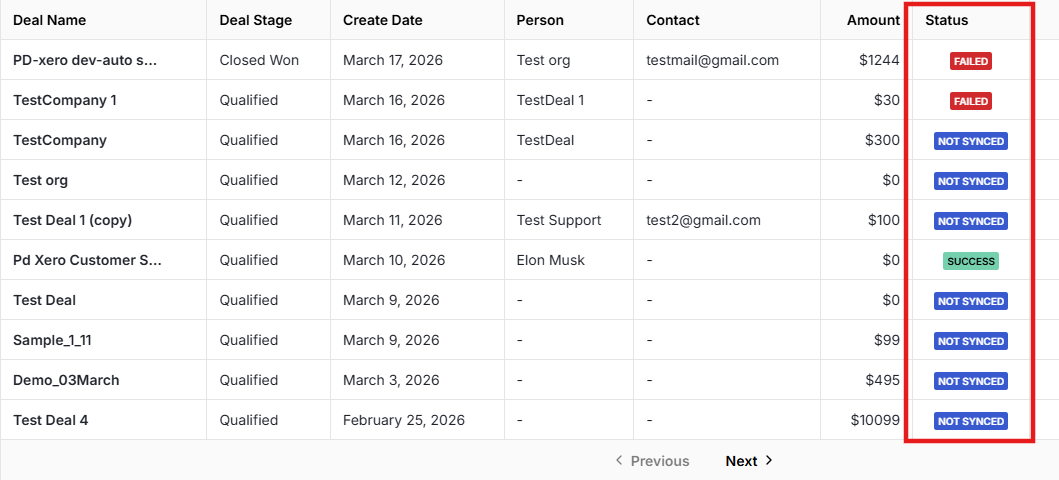 View all HubSpot deals with their sync status, contact, company, and amount