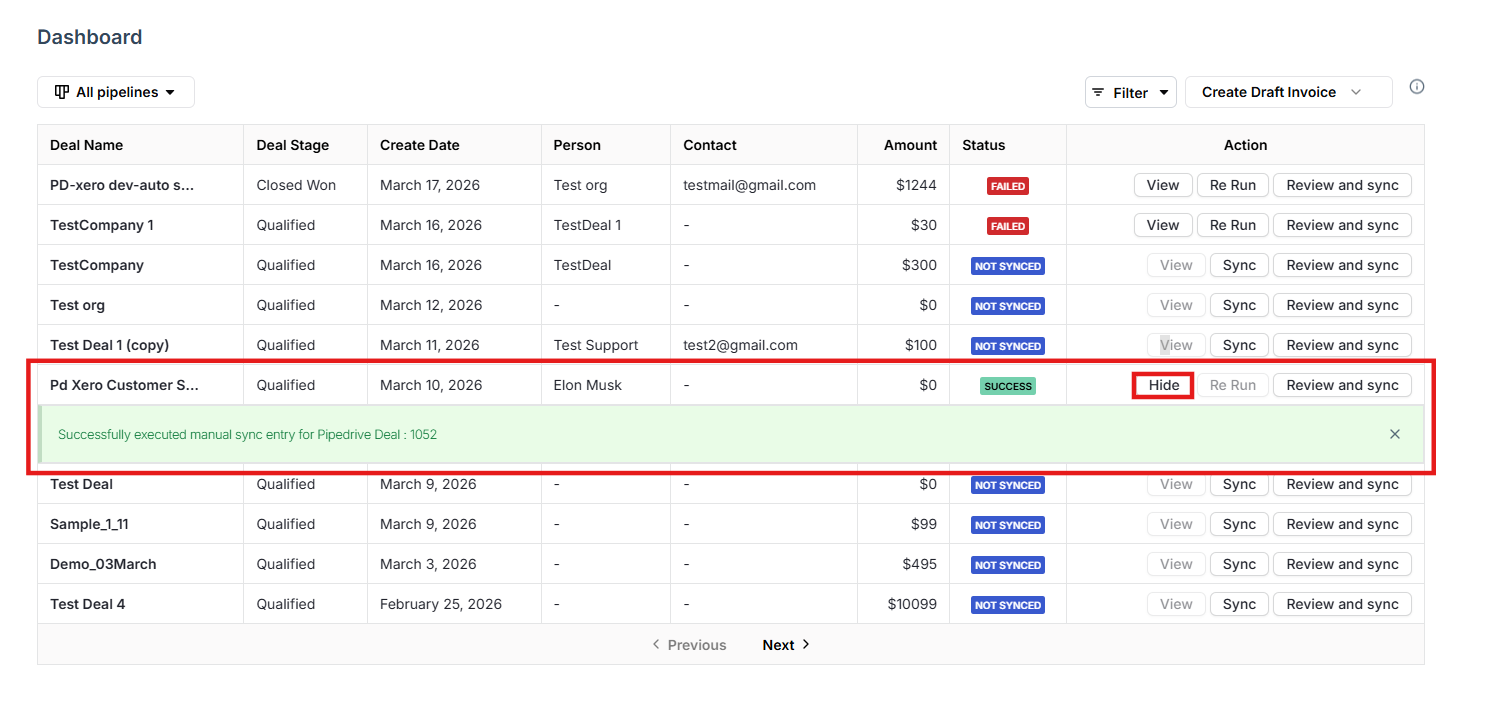 Use the View button to open a HubSpot deal and review its sync and invoice details