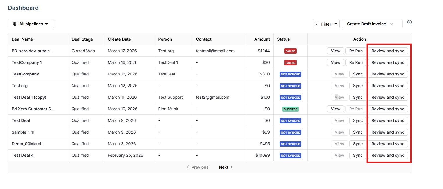 Use Sync, Re Run, and Review & Sync buttons to manage invoice syncing