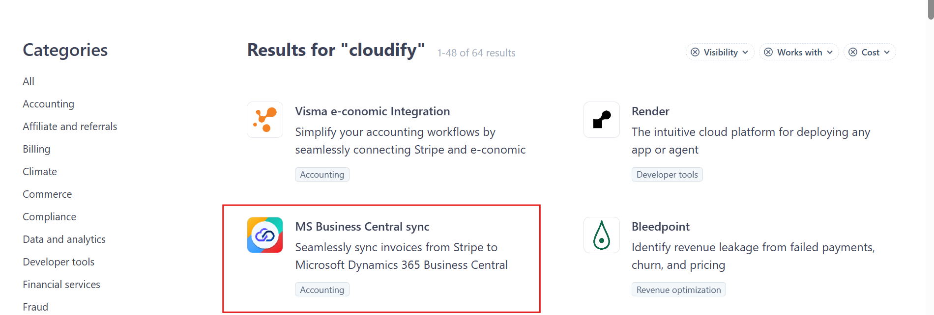 Search Cloudify Business Central in Stripe Marketplace