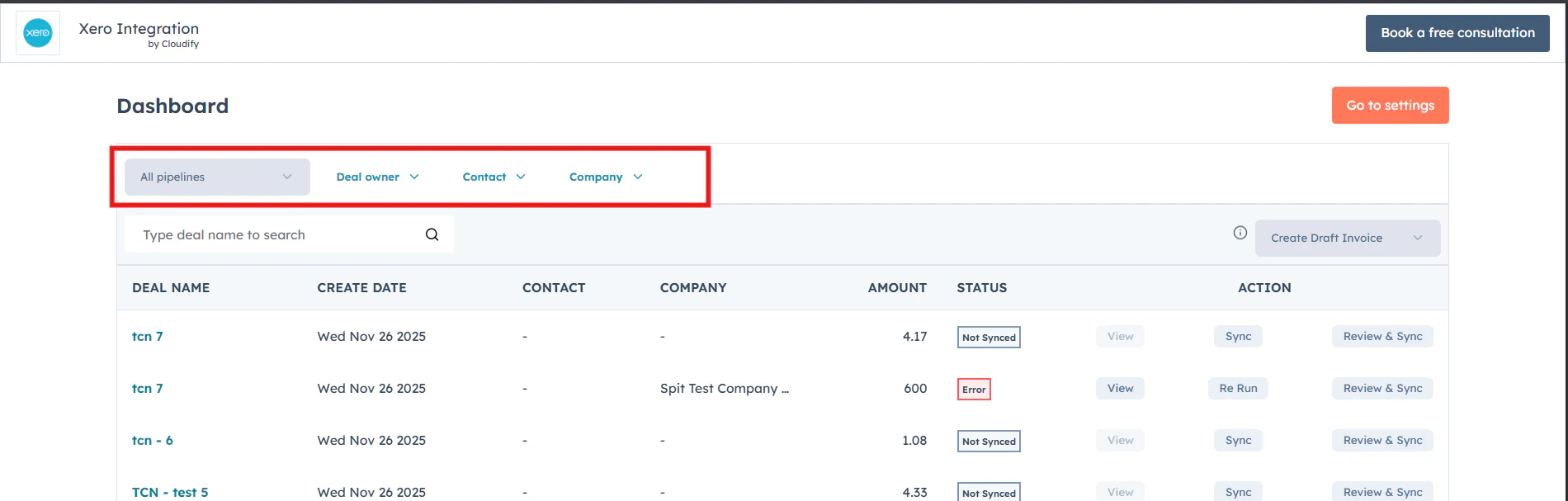 Main dashboard interface