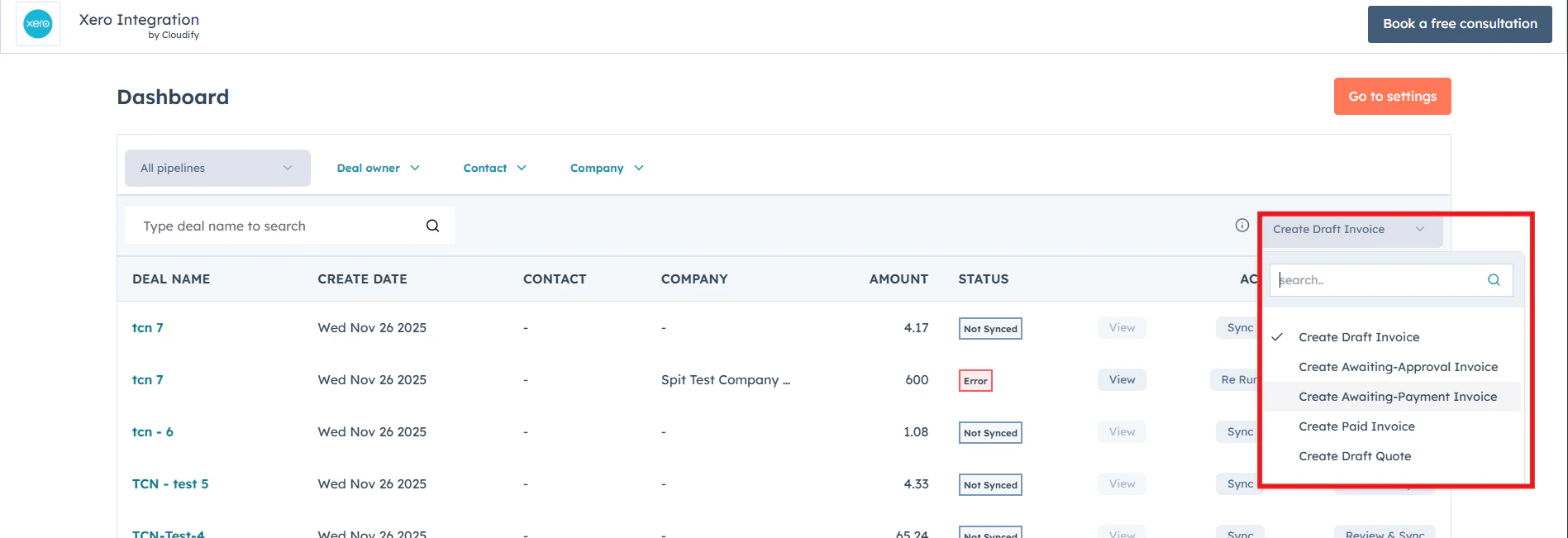Main dashboard interface