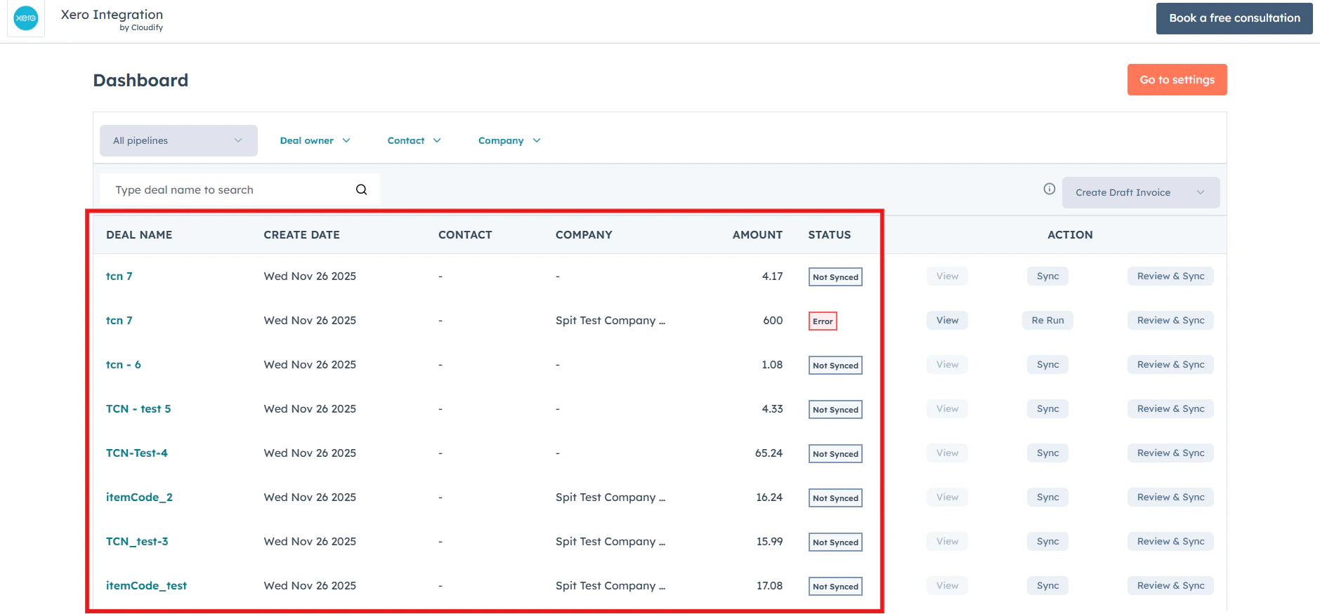 Main dashboard interface