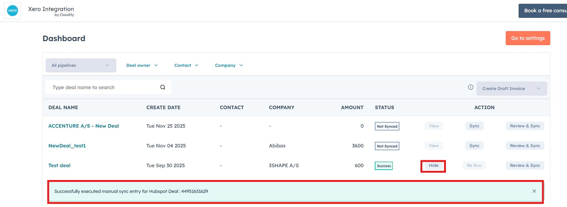 Main dashboard interface