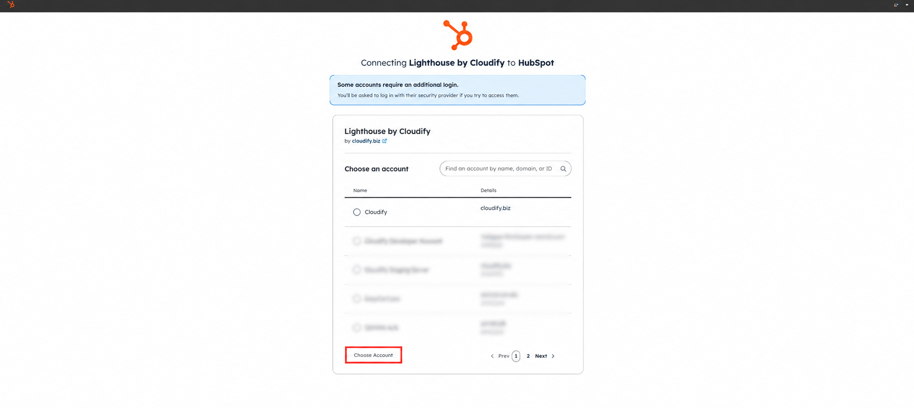 Hub Spot Account Selection Dialog