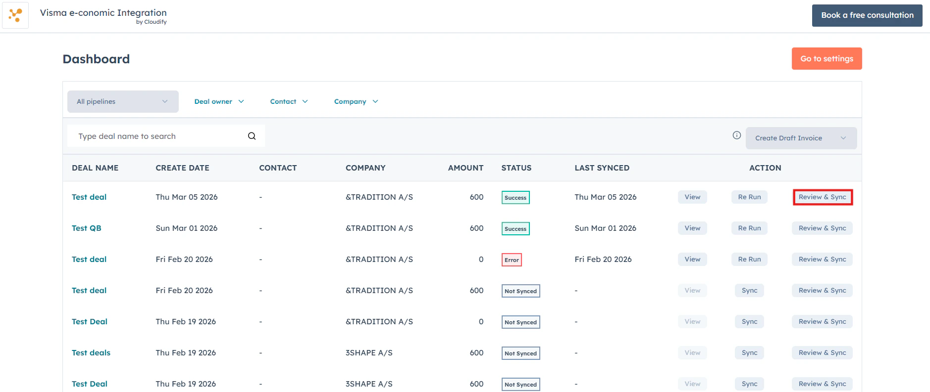 Click Review and Sync on any invoice to open the manual sync window