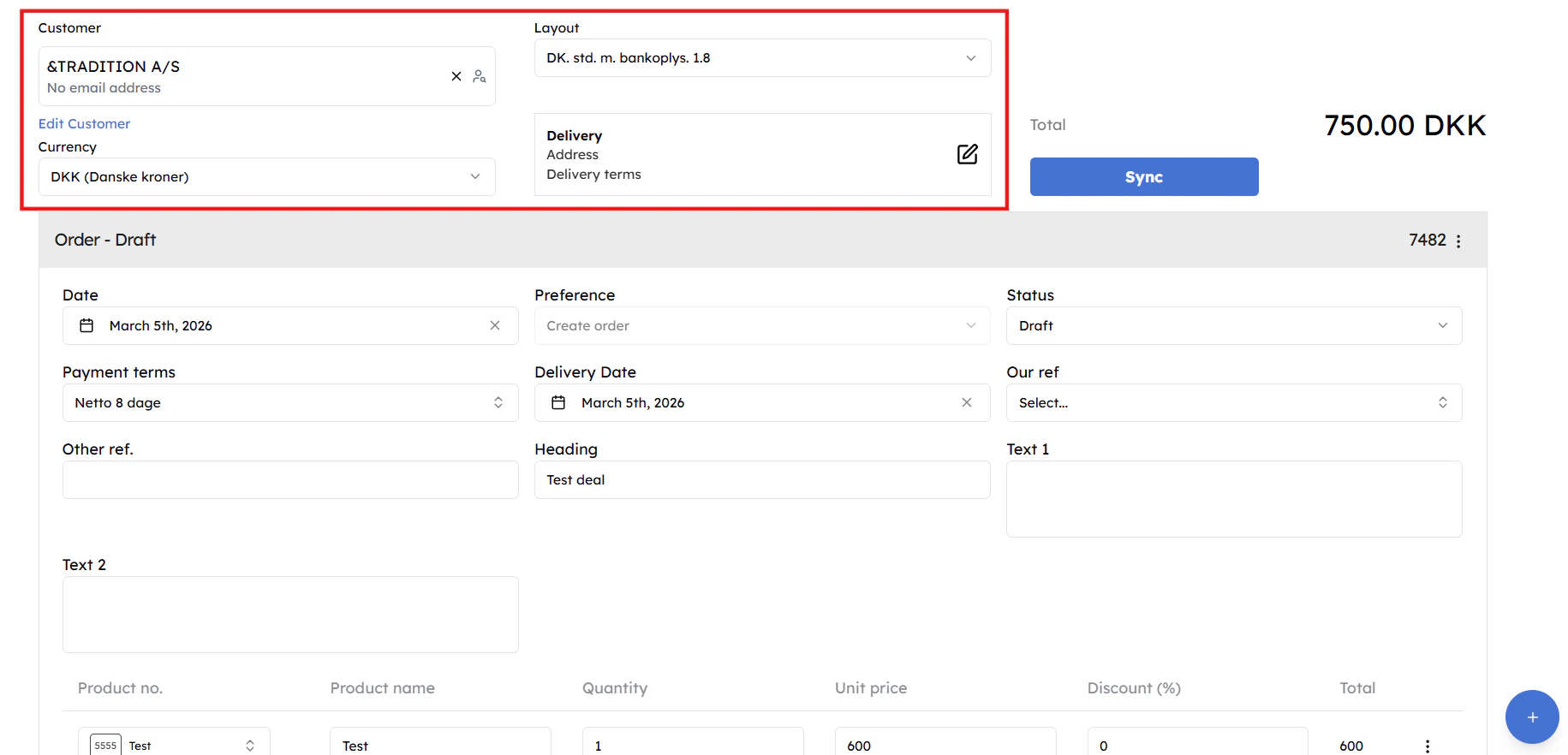 Select contact, currency, tax, and account details