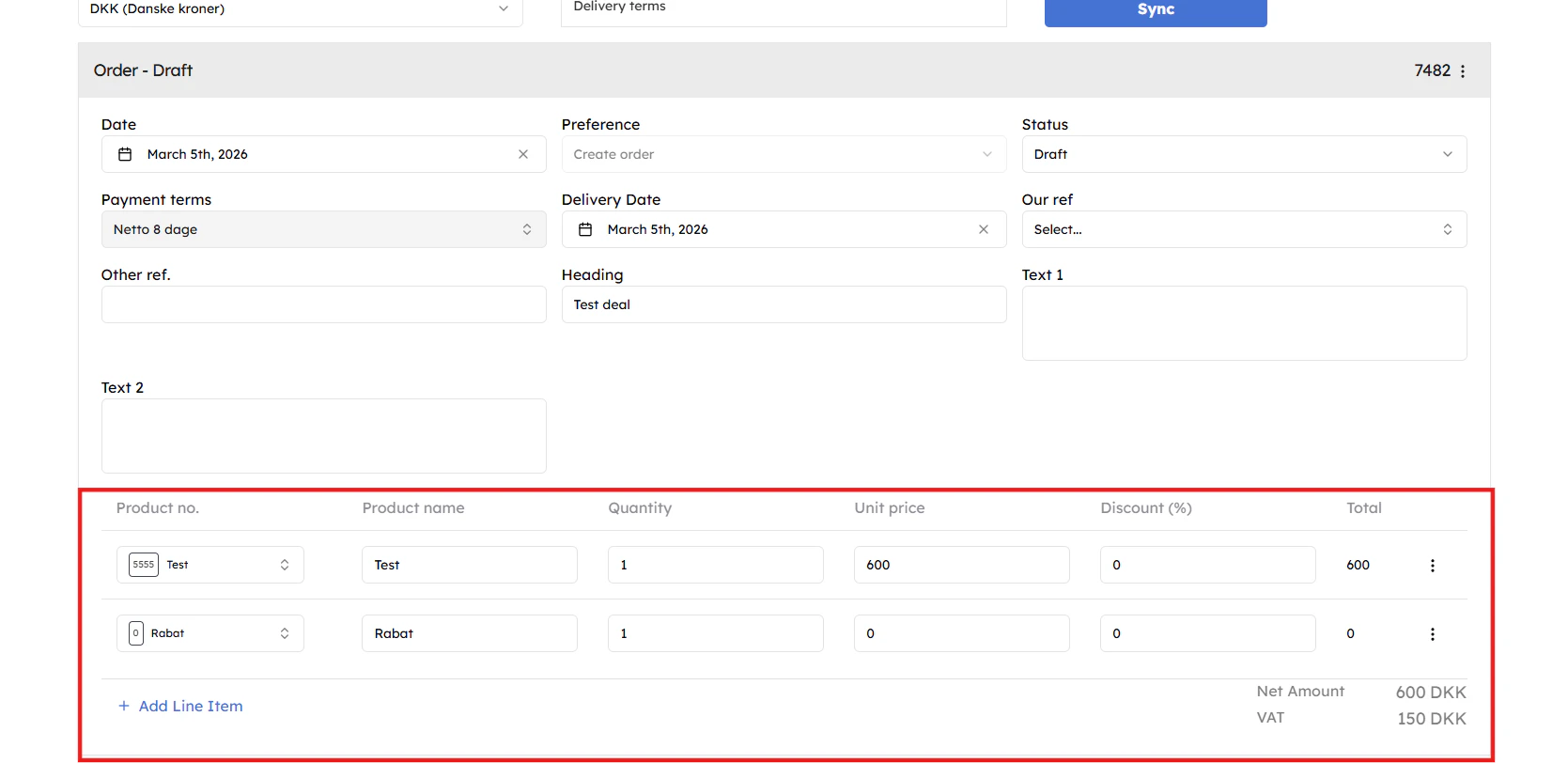 Click + Add Line Item to add products, or Customize Accounts, Taxes and Amounts for item-level adjustments