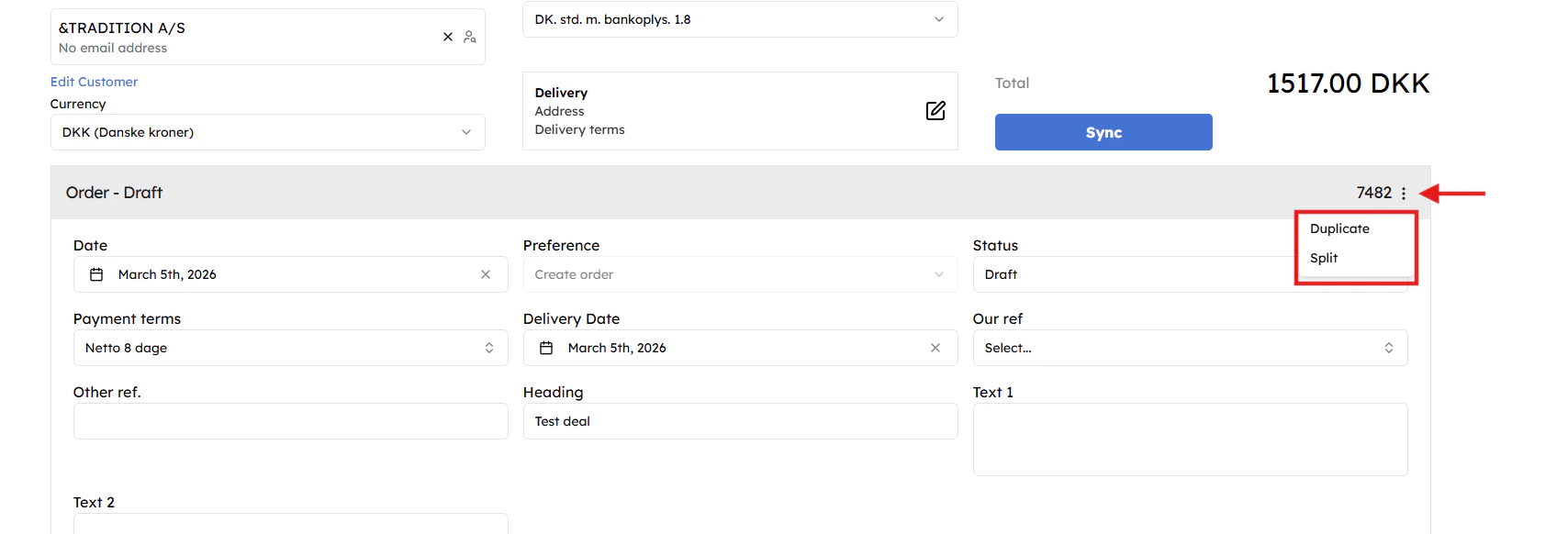 Use the three-dots menu to Split or Duplicate the invoice