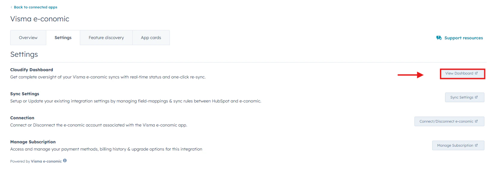 Click Connected Apps, then Xero, then Settings in HubSpot