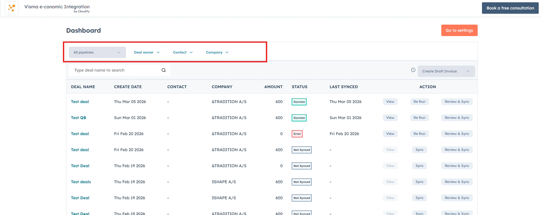 Filter deals by Pipeline, Deal Owner, Contact, or Company