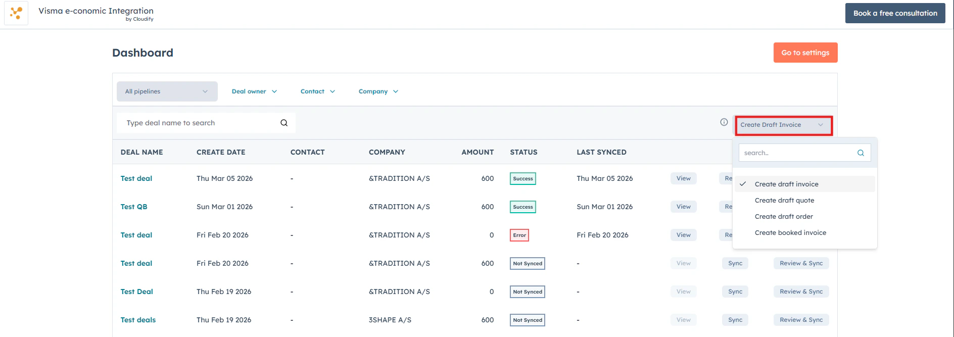 Choose the invoice or quote type to create in Xero