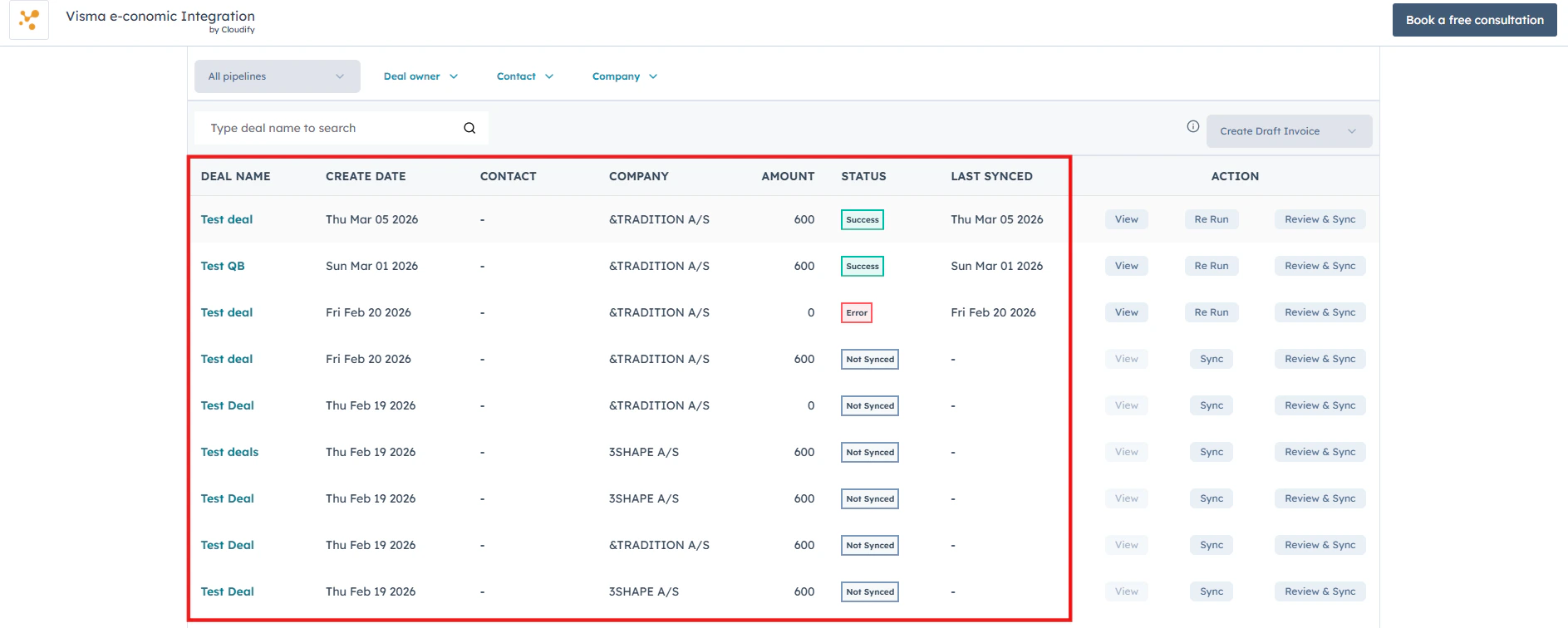 View all HubSpot deals with their sync status, contact, company, and amount