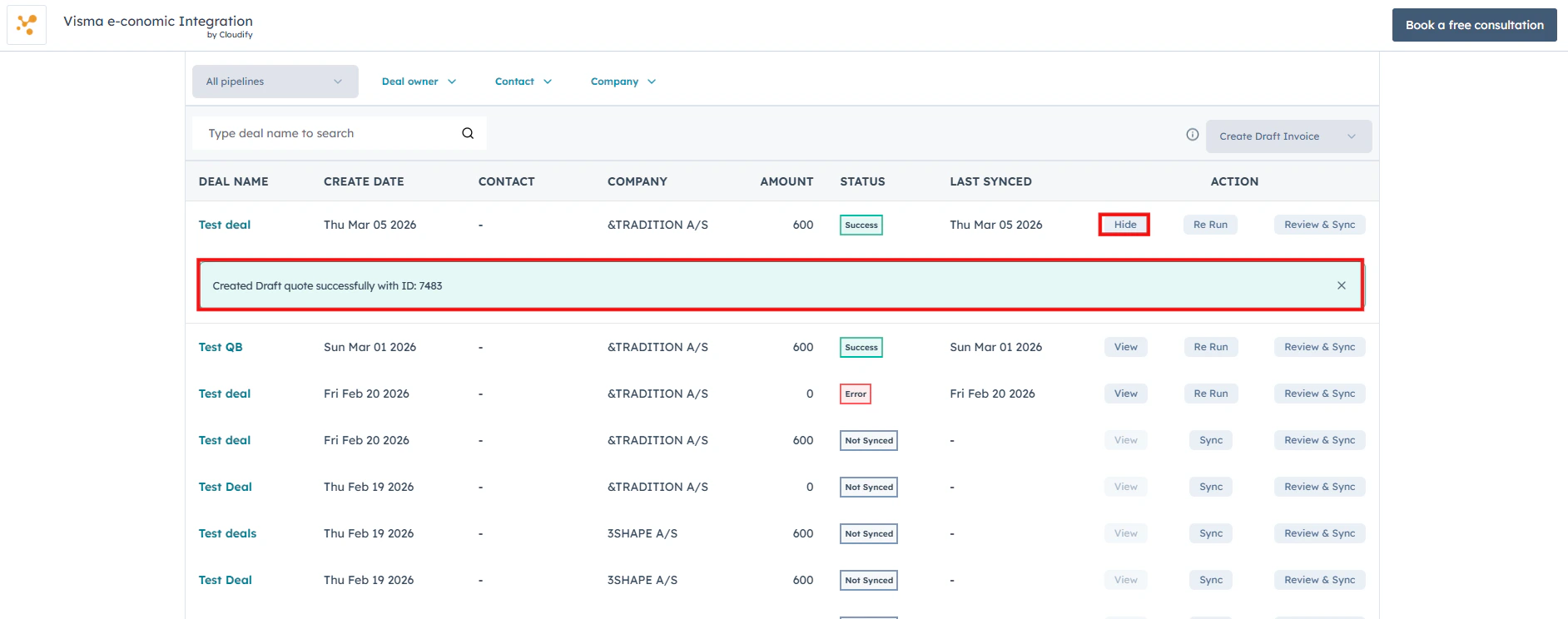 Use the View button to open a HubSpot deal and review its sync and invoice details